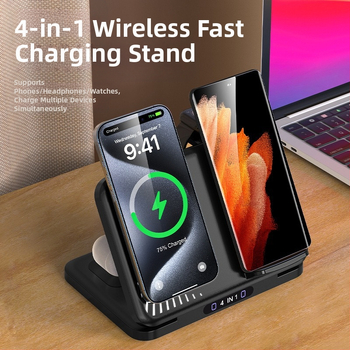 4-σε-1 ασύρματο φορτιστής για δύο τηλέφωνα, PD γρήγορη φόρτιση, συνολική ισχύς 36W, ασύρματη φόρτιση 15W, υποστήριξη μαγνητικής φόρτισης
