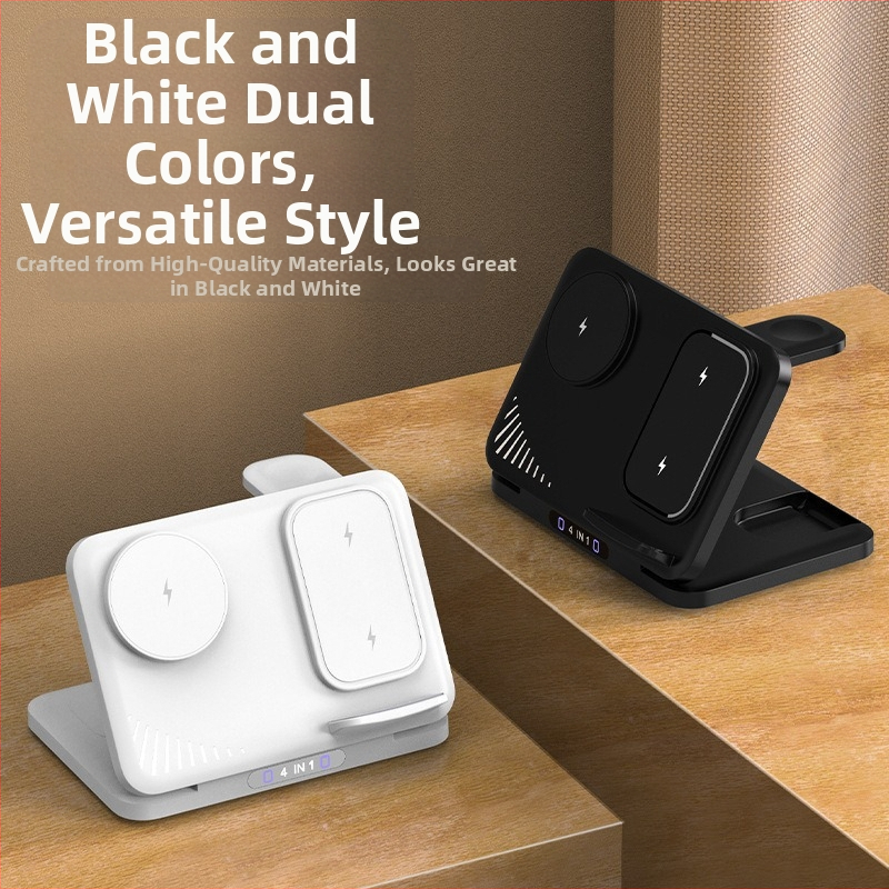 4-v-1 bezdrôtová nabíjačka pre dva telefóny, PD rýchle nabíjanie, celkový výkon 36W, bezdrôtové nabíjanie 15W, podpora magnetického nabíjania