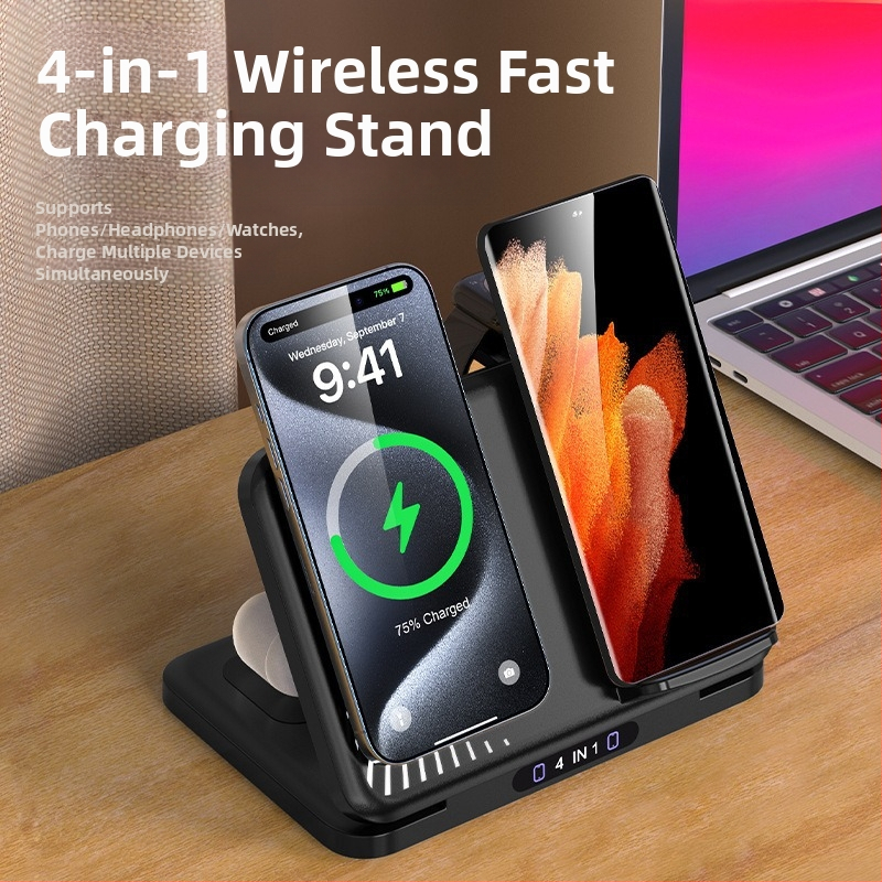 4-v-1 bezdrôtová nabíjačka pre dva telefóny, PD rýchle nabíjanie, celkový výkon 36W, bezdrôtové nabíjanie 15W, podpora magnetického nabíjania