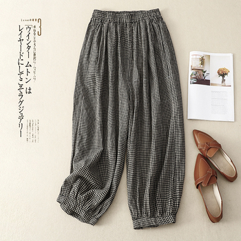 Женски винтидж ленени панталони с каре, cropped Bloomers стил, ежедневни панталони, 70–80% лен, пролет-лято 2025