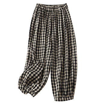 Женски винтидж ленени панталони с каре, cropped Bloomers стил, ежедневни панталони, 70–80% лен, пролет-лято 2025