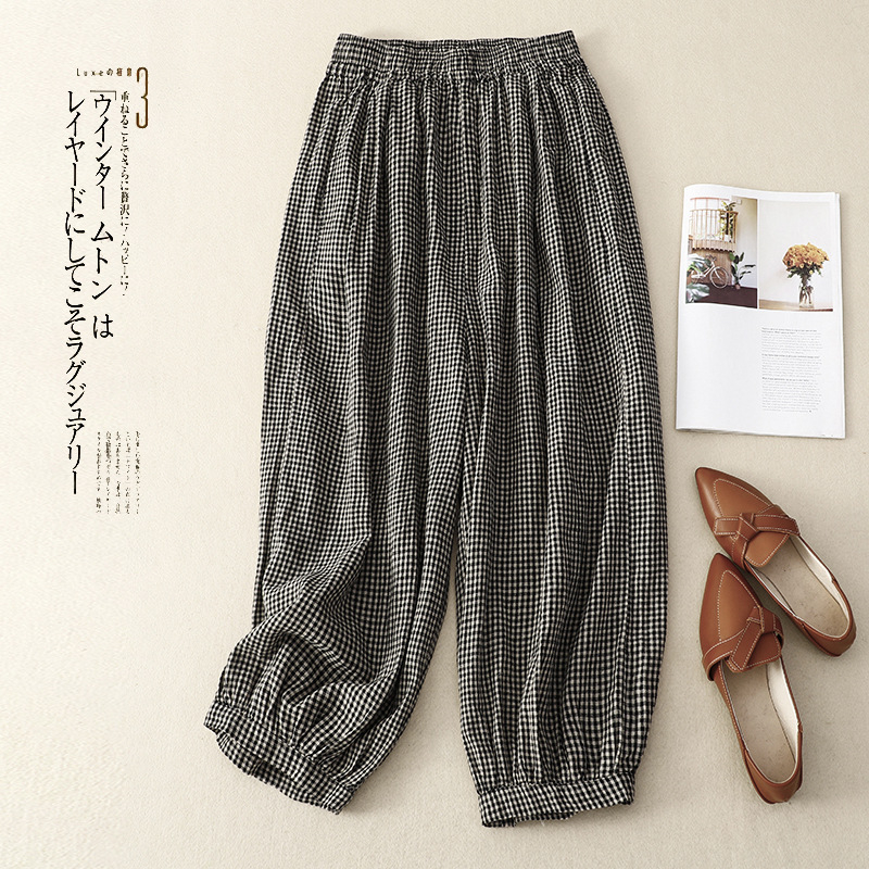 Női vintage lenvászon kockás cropped bloomers nadrág, rekreációs, retro stílus, 70–80% len, tavasz–nyár 2025