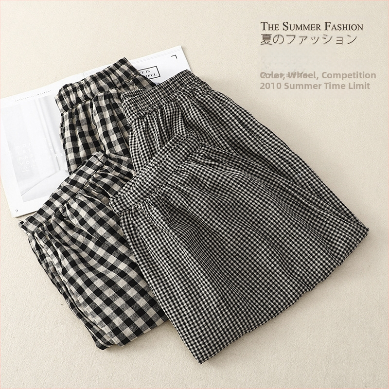 Ženské vintage ľanové káro cropped Bloomers nohavice, voľný strih, retro štýl, 70–80% ľan, jar 2025