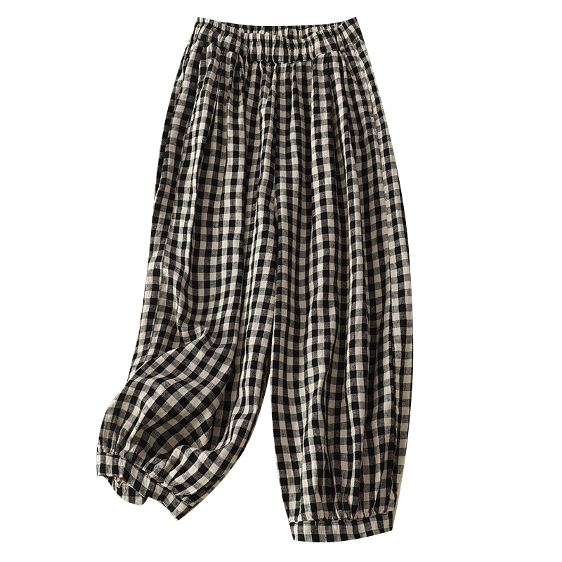 Női vintage lenvászon kockás cropped bloomers nadrág, rekreációs, retro stílus, 70–80% len, tavasz–nyár 2025