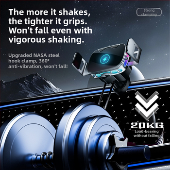 Автомобилен държач за телефон със безжично зареждане и електрическо захващане, щипков монтаж върху въздуховод, 15W