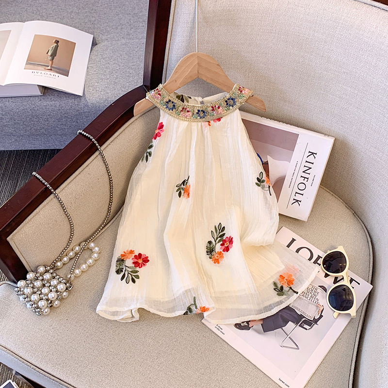 Dječja ljetna haljina bez rukava s trakama, etnički stil, cvjetni uzorak, A-linija, poliester