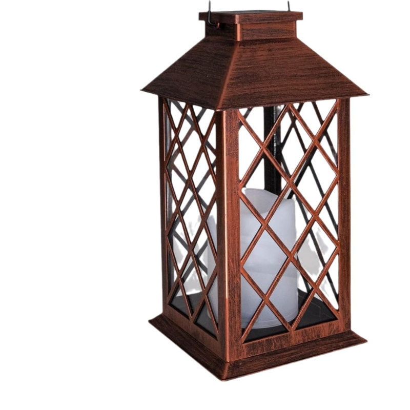 Felinar solar de exterior - lampion în stil de lumânare, cu decupaje decorative și design de grădină suspendat (IP55, 0.5W, 1.2V, 6–12h funcționare, comutator manual)