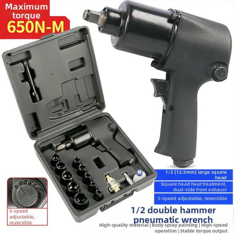 Pneumatický rázový kľúč so dvojitým kladivom, ovládanie vzduchovým spúšťačom, na demontáž kolies pre autá a motocykle.