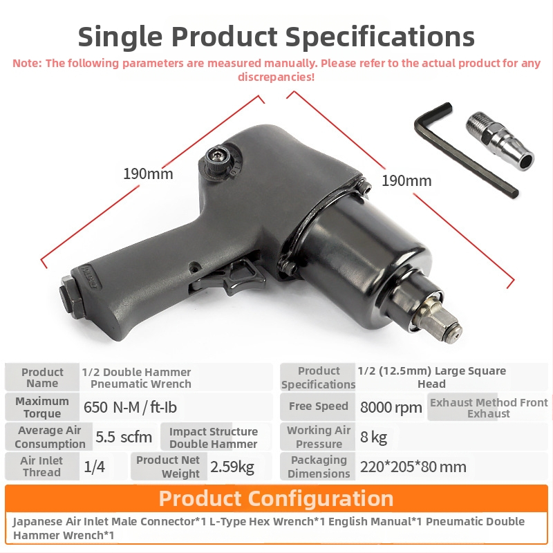 Pneumatický rázový kľúč so dvojitým kladivom, ovládanie vzduchovým spúšťačom, na demontáž kolies pre autá a motocykle.