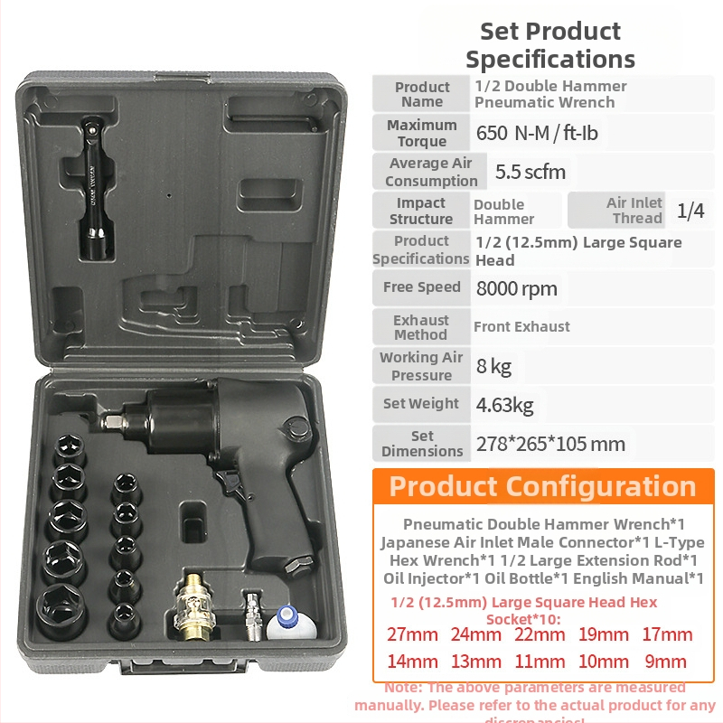 Pneumatický rázový kľúč so dvojitým kladivom, ovládanie vzduchovým spúšťačom, na demontáž kolies pre autá a motocykle.