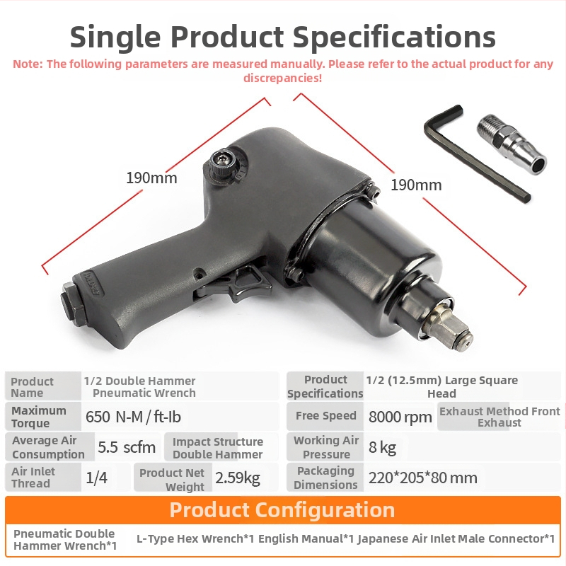 Pneumatický rázový kľúč so dvojitým kladivom, ovládanie vzduchovým spúšťačom, na demontáž kolies pre autá a motocykle.