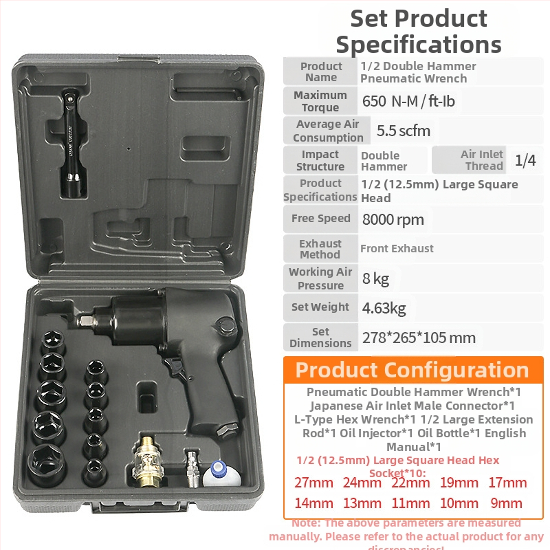 Pneumatický rázový kľúč so dvojitým kladivom, ovládanie vzduchovým spúšťačom, na demontáž kolies pre autá a motocykle.