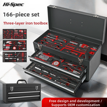 Hi-Spec 166-dielny súbor nástrojov pre domáce použitie a opravy áut, karbonová oceľ, v prenosnej plechovej skrinke