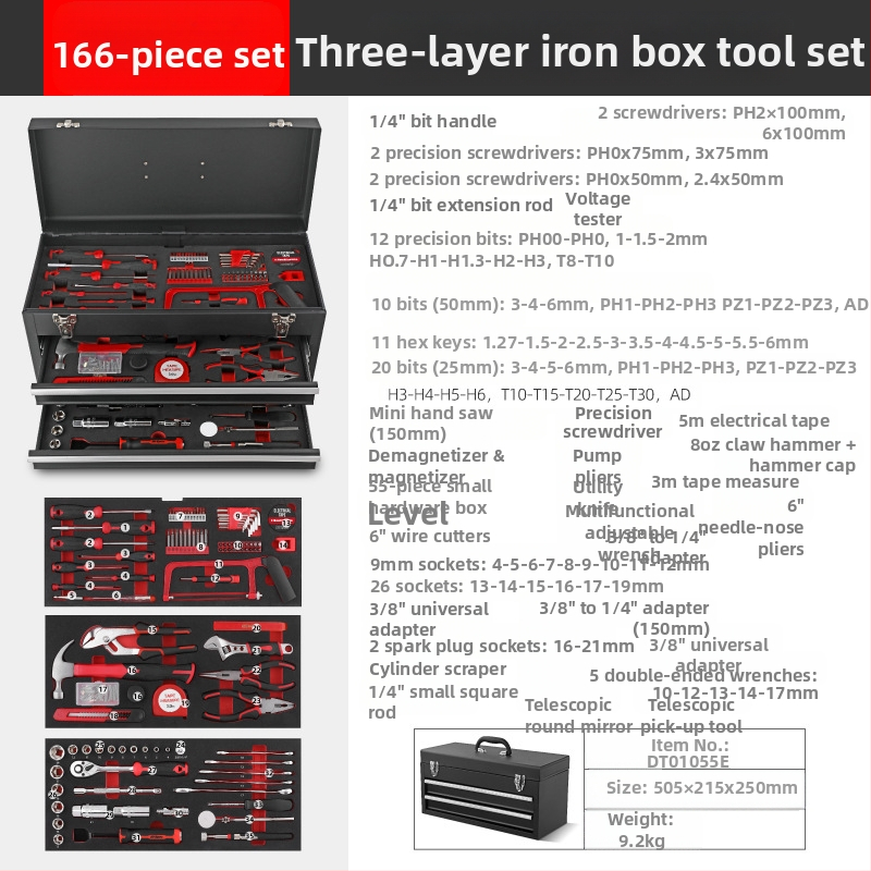 Hi-Spec 166-dielny súbor nástrojov pre domáce použitie a opravy áut, karbonová oceľ, v prenosnej plechovej skrinke