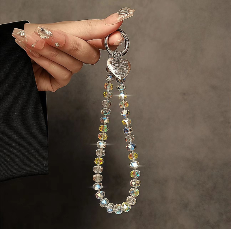 Телефонна каишка с кристални мъниста, ръчно изработена, DIY дизайн, метална жица, възможност за печат на лого, без висулка