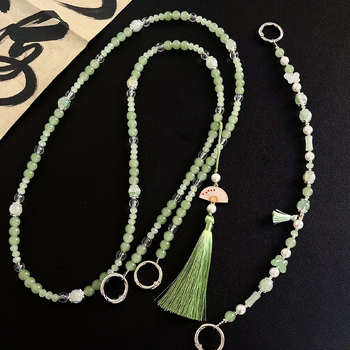 Lanyard na mobil s korálkami a strapkou - akryl, ručne vyrobené, drôtové lano, kovová spona, Le shell