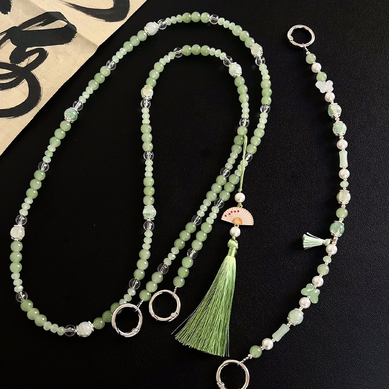 Lanyard na mobil s korálkami a strapkou - akryl, ručne vyrobené, drôtové lano, kovová spona, Le shell