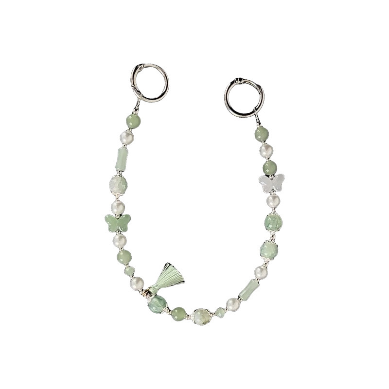 Lanyard na mobil s korálkami a strapkou - akryl, ručne vyrobené, drôtové lano, kovová spona, Le shell