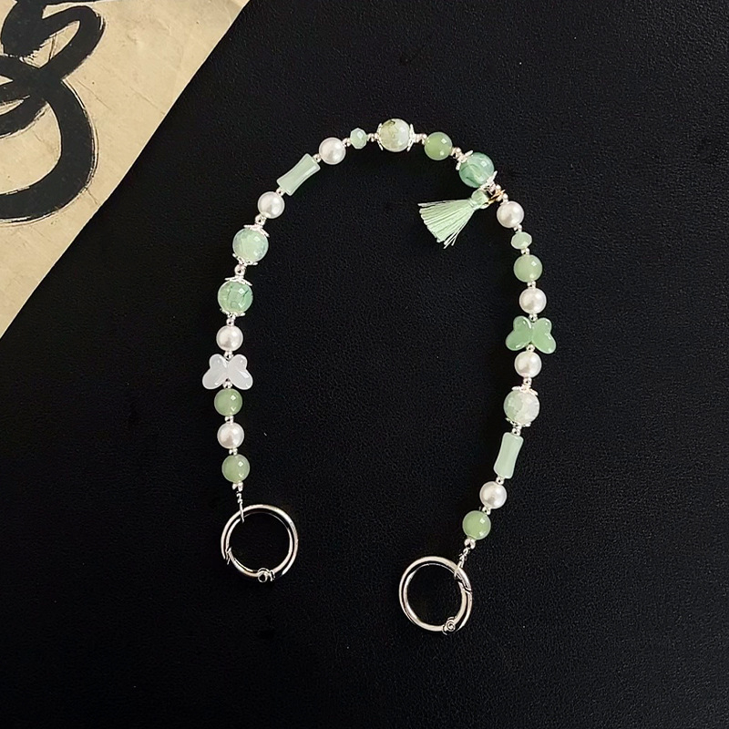 Lanyard na mobil s korálkami a strapkou - akryl, ručne vyrobené, drôtové lano, kovová spona, Le shell