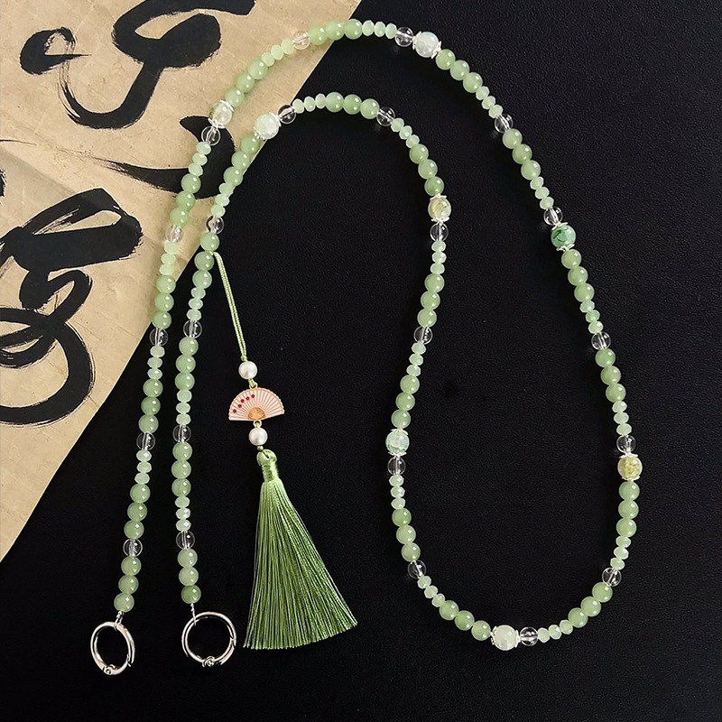 Lanyard na mobil s korálkami a strapkou - akryl, ručne vyrobené, drôtové lano, kovová spona, Le shell