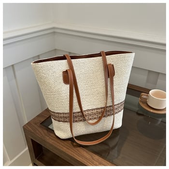 Чанта-кофа от сламена плетка, уличен модерен стил, закопчаване с цип, вътрешен джоб с цип, подплата полиестер