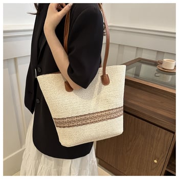 Чанта-кофа от сламена плетка, уличен модерен стил, закопчаване с цип, вътрешен джоб с цип, подплата полиестер