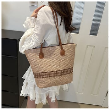 Чанта-кофа от сламена плетка, уличен модерен стил, закопчаване с цип, вътрешен джоб с цип, подплата полиестер