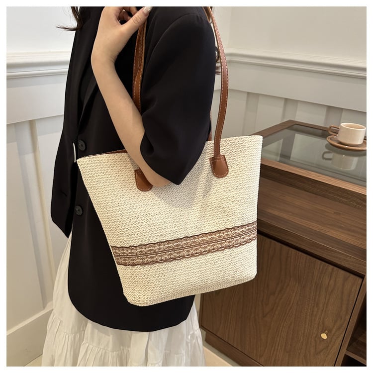 Чанта-кофа от сламена плетка, уличен модерен стил, закопчаване с цип, вътрешен джоб с цип, подплата полиестер