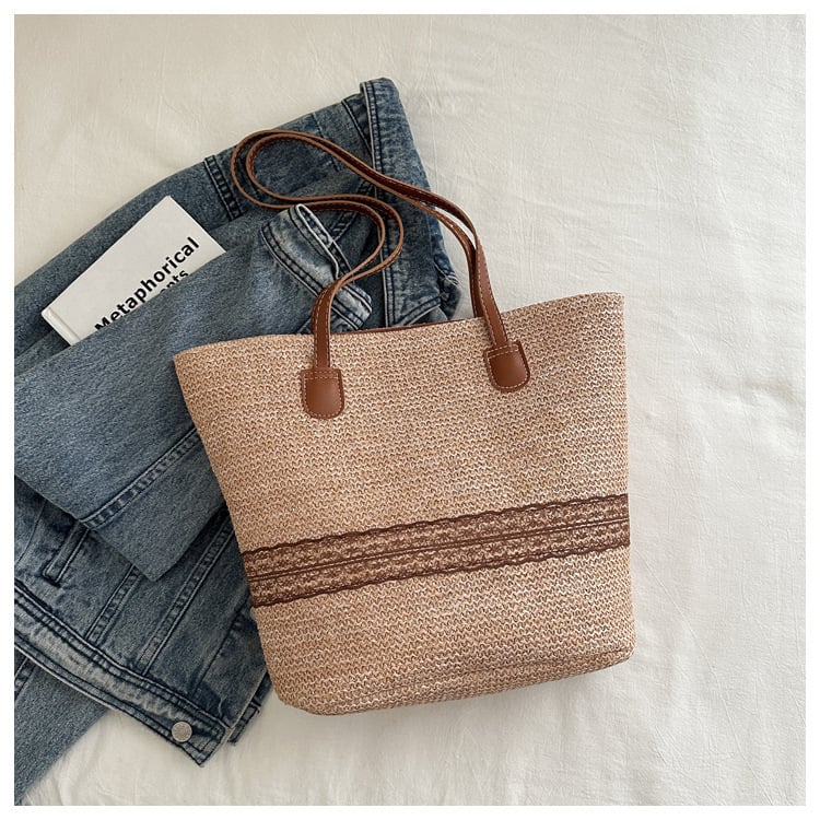 Чанта-кофа от сламена плетка, уличен модерен стил, закопчаване с цип, вътрешен джоб с цип, подплата полиестер