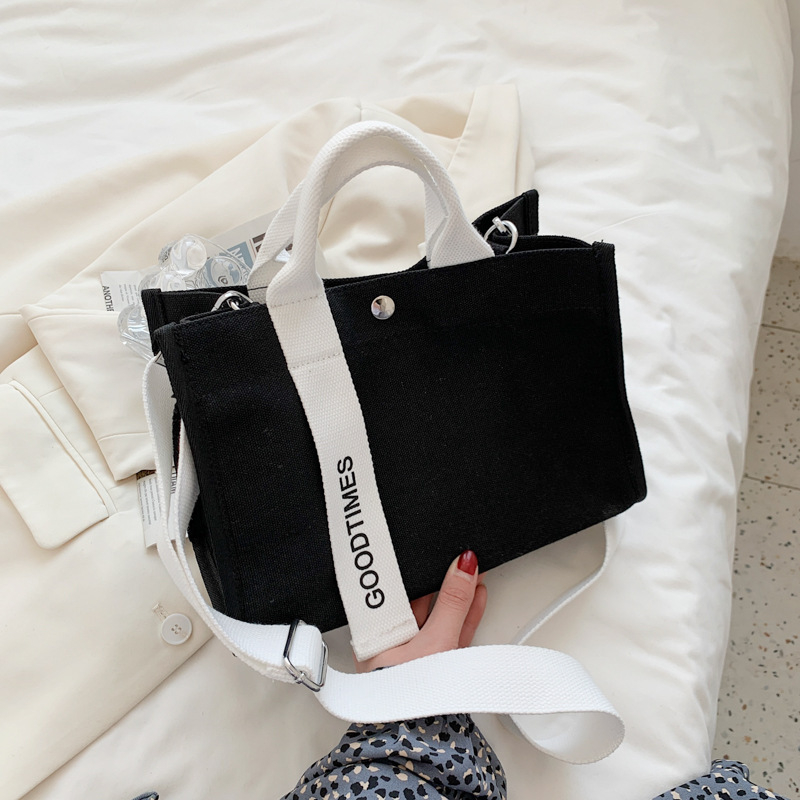 Canvas torba za žene na rame, horizontalno kvadratnog oblika, džep za telefon i osobnu iskaznicu, neobičan način otvaranja, srednja tvrdoća