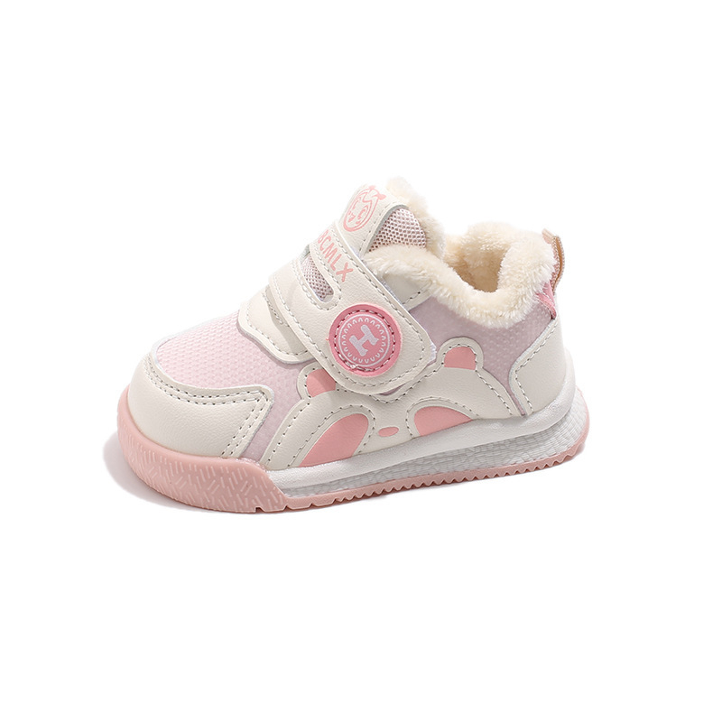 Бебешки обувки за прохождане - синтетична кожа, гумена подметка, карикатурен принт, закопчаване с велкро, зимен модел 2024