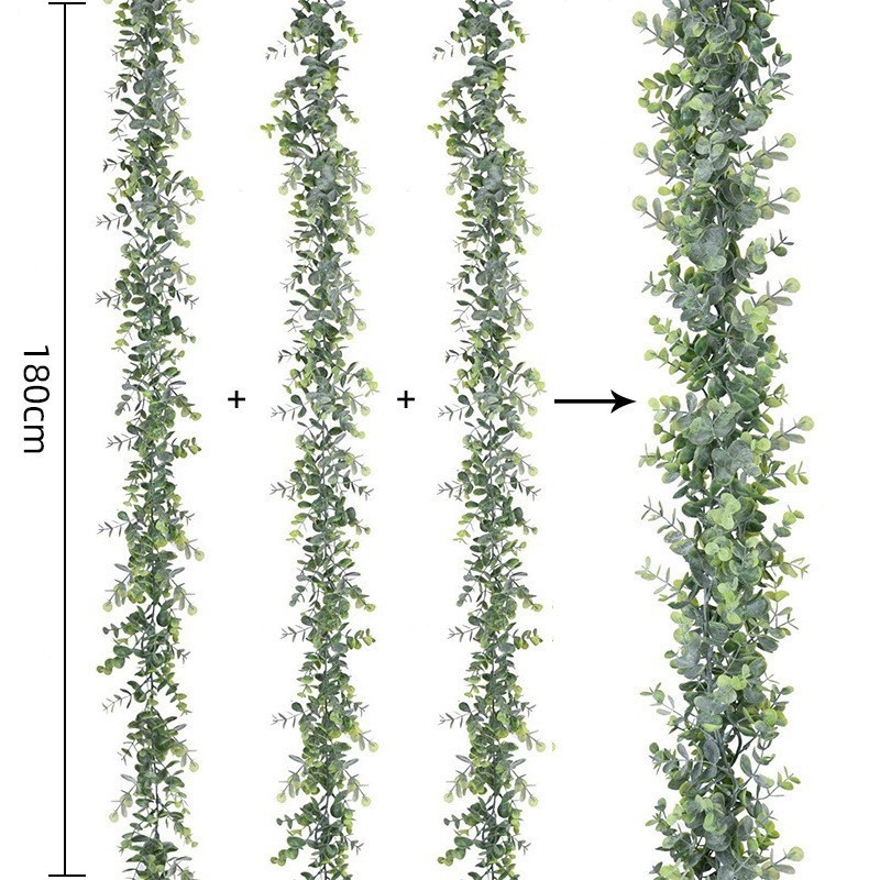 Ligaqi crafts Ghirlandă de perete din ratan cu eucalipt artificial, flori din plastic, construcție semi-artizanală