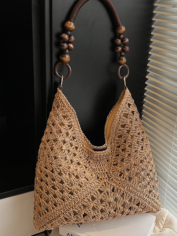 Ženska tote torba od slame, urbani minimalistički stil, magnetska kopča, vodoravni kvadratni oblik, poliester podstava, unutarnji džep sa zatvaračem laminiranim