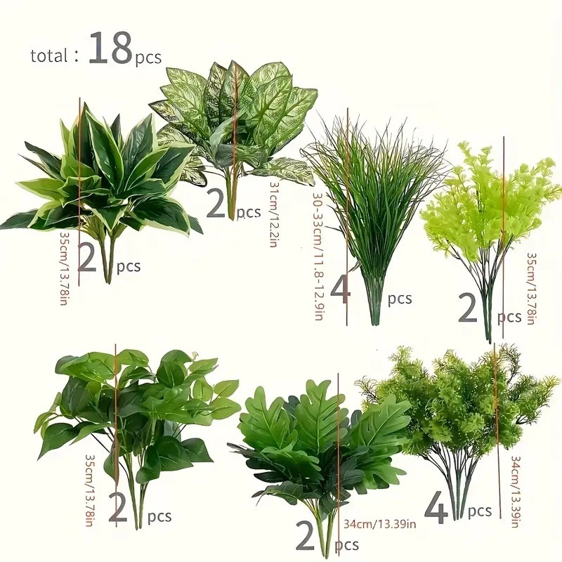 18-dijelni set umjetnih zelenih biljaka: plastika, injekcijsko oblikovanje, žbunovi i trava