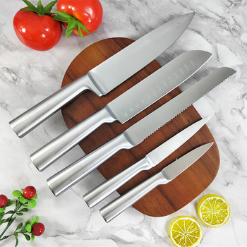 Set de șapte cuțite de bucătărie cu mâner gol, mâner drept, design cu țeavă pătrată – lame din oțel inoxidabil 4Cr13, finisaj șlefuit, unghiul vârfului peste 60°