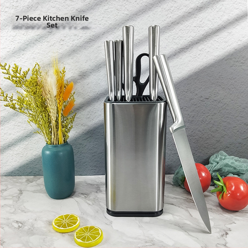 Septynių peilių virtuvės rinkinis su tuščiavidure rankena, tiesiais kvadratiniais vamzdeliniais rankenėliais – ašmenys iš 4Cr13 nerūdijančio plieno, šlifuotas paviršius, galo kampas virš 60°