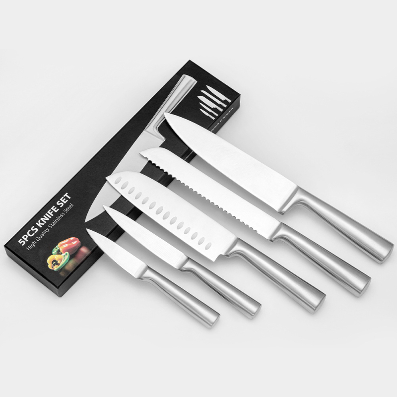 Set de șapte cuțite de bucătărie cu mâner gol, mâner drept, design cu țeavă pătrată – lame din oțel inoxidabil 4Cr13, finisaj șlefuit, unghiul vârfului peste 60°