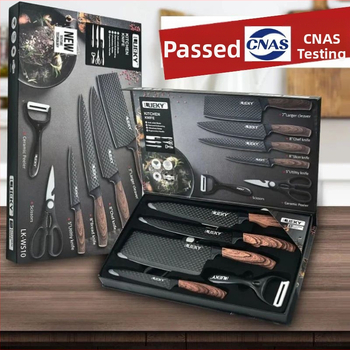 6 dalių virtuvinių peilių rinkinys su deimanto rašto ašmenimis, dviguba nelipdinčíos dangos, 3CR14 plienas, rankena iš ABS su medienos tekstūra (įskaitant šefų peilį ir žirkles)