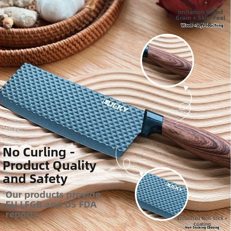 6-частен комплект кухненски ножове с диамантена текстура на острието, двойно незалепващо покритие, 3CR14, ABS дръжка с дървесен зърнест дизайн (нож за готвене и ножици)