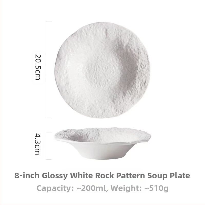 Porcelininis serviravimo komplektas su akmeniniu raštu, mikrobangų krosnelėms atspariais patiekalais; įskaičiuota sriubos lėkštė, gili lėkštė ir vakarietiško stiliaus vakarienės lėkštė; paviršius su apatinės glazūros danga.