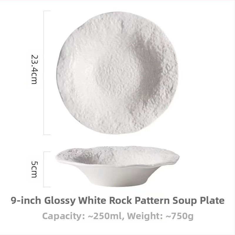 Porcelininis serviravimo komplektas su akmeniniu raštu, mikrobangų krosnelėms atspariais patiekalais; įskaičiuota sriubos lėkštė, gili lėkštė ir vakarietiško stiliaus vakarienės lėkštė; paviršius su apatinės glazūros danga.