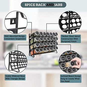 Keturių lygių sieninis prieskonių stovas su išpjovų dizainu, skirtas virtuvės spintai, talpina 28 prieskonių buteliukus, plieninė viela, pasukamas, šiuolaikiškas minimalistinis stilius