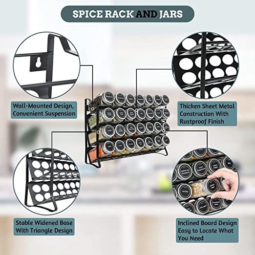 Keturių lygių sieninis prieskonių stovas su išpjovų dizainu, skirtas virtuvės spintai, talpina 28 prieskonių buteliukus, plieninė viela, pasukamas, šiuolaikiškas minimalistinis stilius