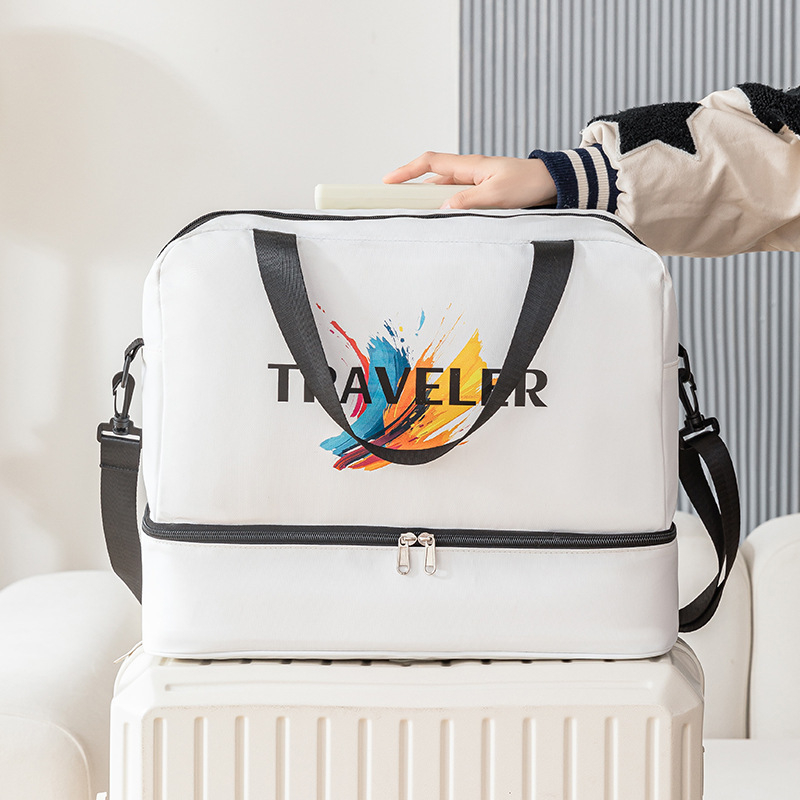 Utazó oldaltáska vízálló, száraz–nedves elválasztással, 600D anyag, uniszex, szabadidős utazásokhoz.