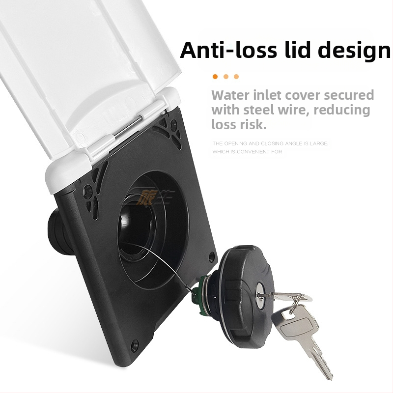 RV gravitačný plniaci port, štvorcový vstup paliva so krytom a zámkom, doplnky pre úpravu RV