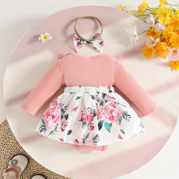 Φόρεμα μωρού για κορίτσια με φλοράλ μοτίβο, μακριά μανίκια, γραμμή Α, πλεκτό ύφασμα πολυεστέρα 35%