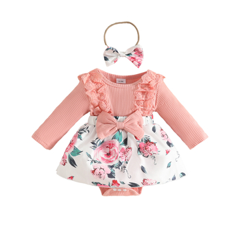 Φόρεμα μωρού για κορίτσια με φλοράλ μοτίβο, μακριά μανίκια, γραμμή Α, πλεκτό ύφασμα πολυεστέρα 35%