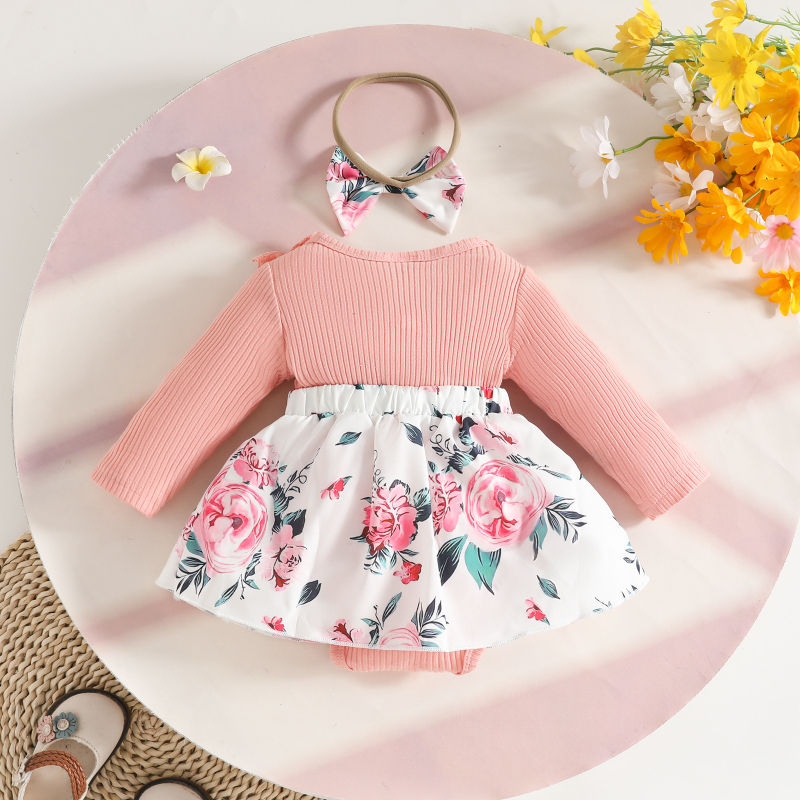 Naujagimių mergaičių su gėlėtu raštu suknelė, ilgos rankovės, A linijos siluetas, 35% poliesterio mezginys