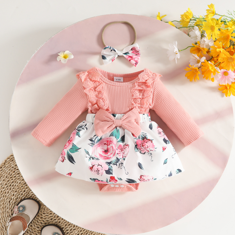 Naujagimių mergaičių su gėlėtu raštu suknelė, ilgos rankovės, A linijos siluetas, 35% poliesterio mezginys