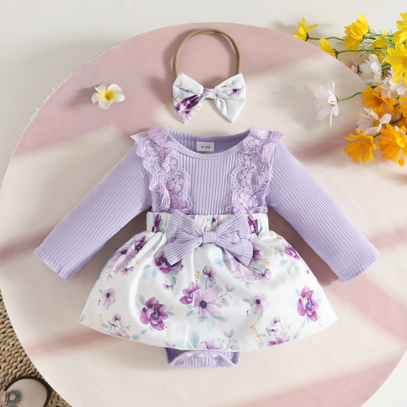 Naujagimių mergaičių su gėlėtu raštu suknelė, ilgos rankovės, A linijos siluetas, 35% poliesterio mezginys